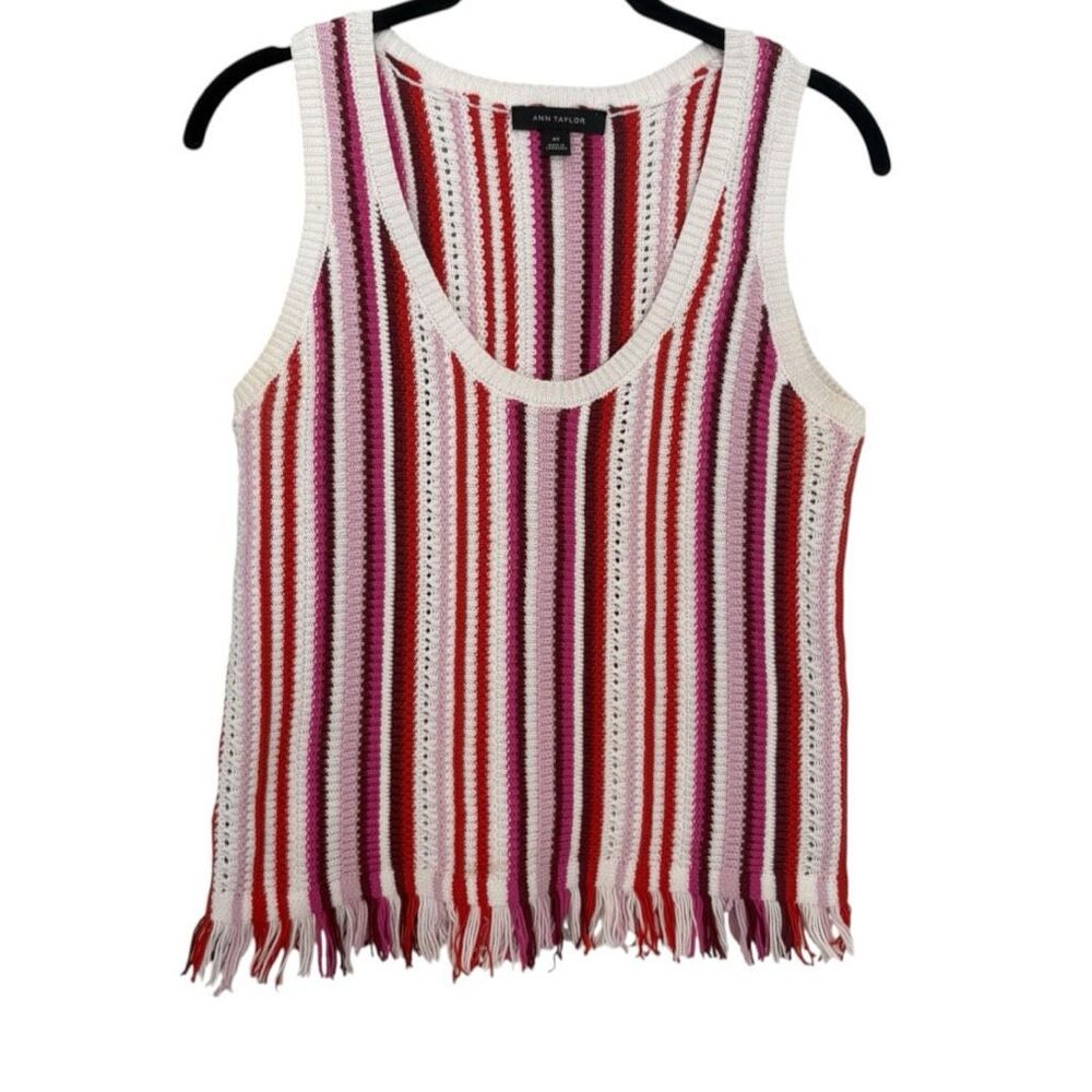 Ann Taylor Striped Knit Tank Top Size Medium Petite Frayed Edge Pink, Burgendy